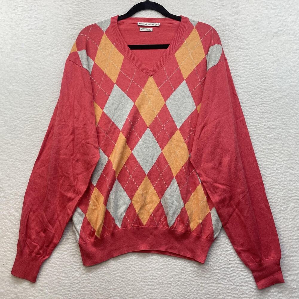 Peter Millar Sweater Mens XL Red Argyle V Neck Cotton Cashmere Luxury Blend